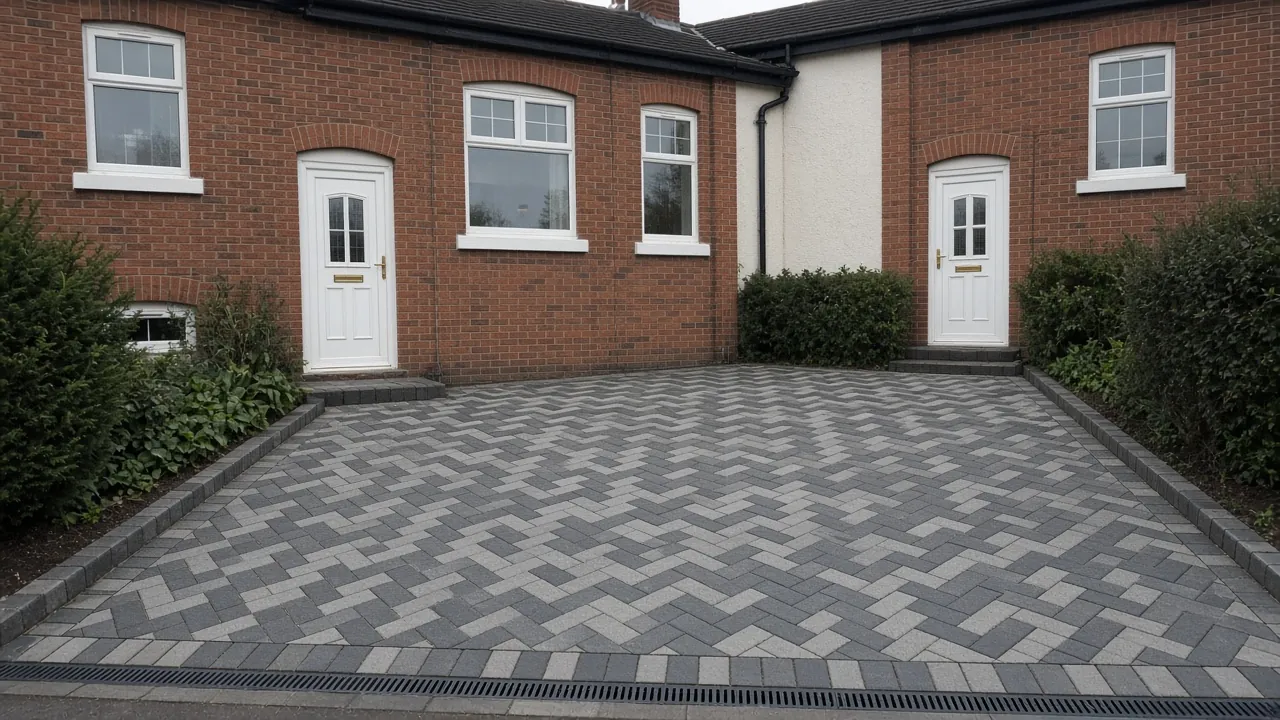Example image: herringbone block paving with a drain at the foot of a sloping drive