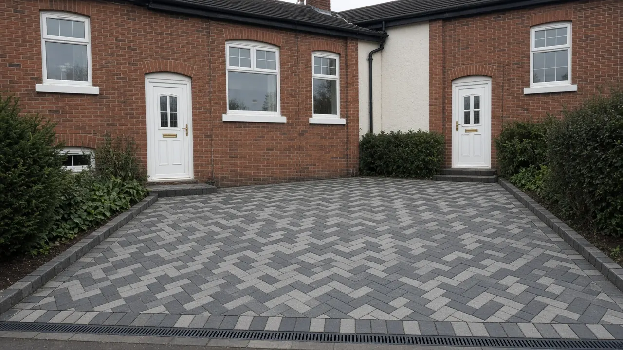 Example image: herringbone block paving with a drain at the foot of a sloping drive