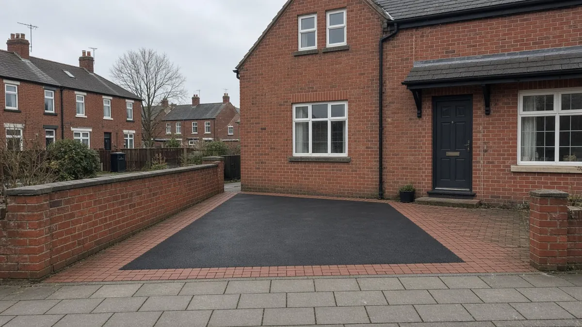 Example image: a tarmac driveway with red block border at a terraced house