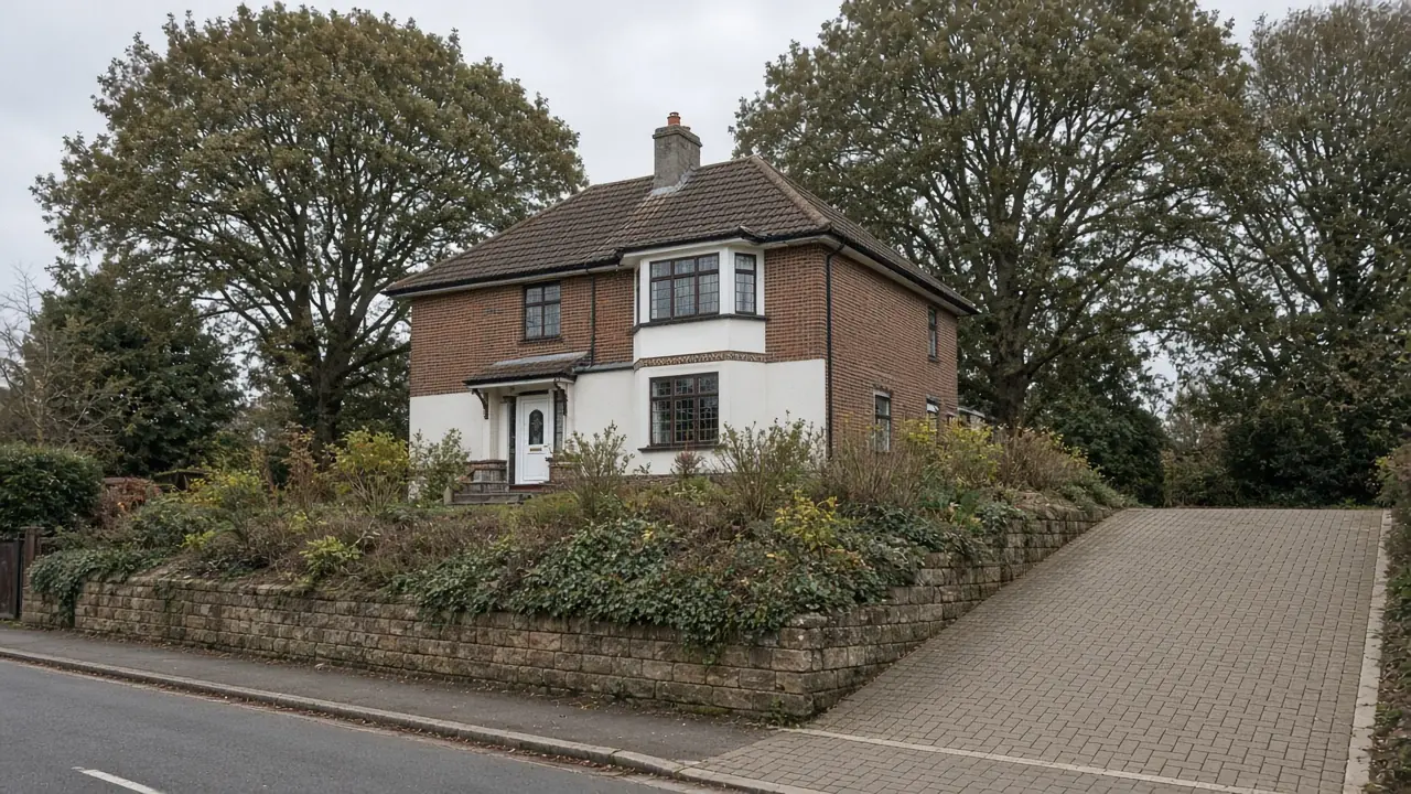 Example image: a block paved driveway climbing gently to a 1930s house