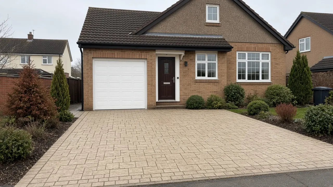 Example image: sandstone-coloured imprinted concrete driveway with cobble border