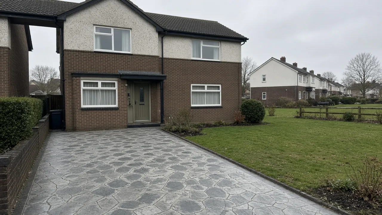 Example image: 1970s semi on the Newton Hall estate with an imprinted concrete drive